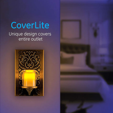 GE LED CandleLite Night Light, Plug-in, Dusk-to-Dawn Sensor, Auto On/Off, Flickers Like a Real Candle, Warm Amber Light, Energy Efficient, Guide Light, Decorative, Oil-Rubbed Bronze Finish, 11258