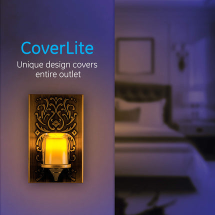 Luz de noche LED CandleLite de GE, enchufable, sensor crepuscular, encendido/apagado automático, parpadea como una vela real, luz ámbar cálida, eficiencia energética, luz de guía, decorativa, acabado en bronce frotado con aceite, 11258