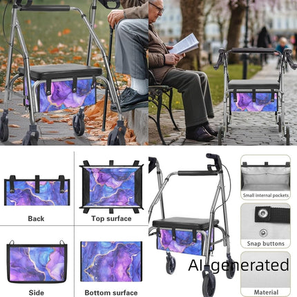 LedBack Walker Accessories Sets Wheelchair Bag for Seniors Rollator Walker Rollator Covers Purple Marble Print Walker Seat and Backrest Covers, Easy to Install