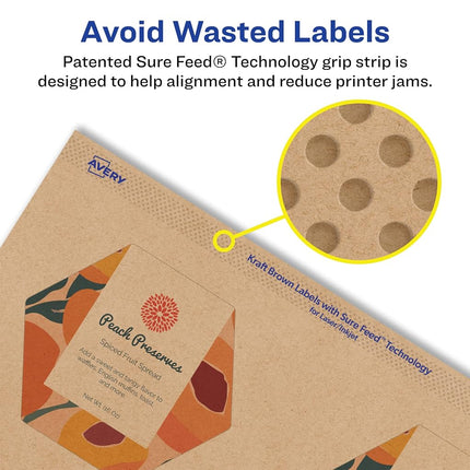 Avery Kraft Brown Hexagon Labels with Sure Feed, 2-1/2" x 2-57/64", 300 Kraft Brown Labels, Print-to-The-Edge, Laser/Inkjet Printable Labels