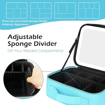 MOMIRA Travel Makeup Bag Cosmetic Bag Makeup Organizer Bag with Lighted Mirror, Adjustable Brightness in 3 Color Scenarios, Waterproof Makeup Train Case - Diamond Blue