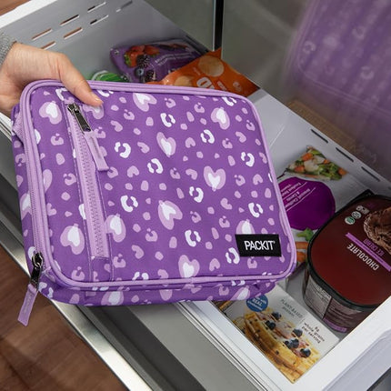 PackIt Freezable Classic Lunch Box, Leopard Hearts Purple, Built with ECOFREEZE Technology, Reusable, Zip Closure with Zip Front Pocket and Buckle Handle, Designed for Fresh Lunch On The Go