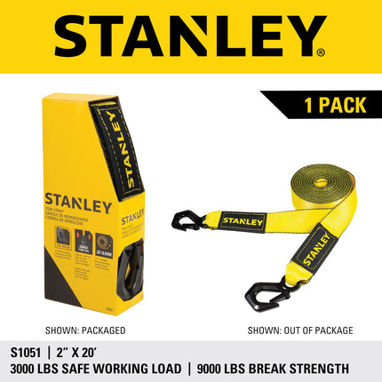 STANLEY S1051 Black/Yellow 2" x 20' Tow Strap with Heavy Duty Tri-Hook (9,000 lbs Break Strength)