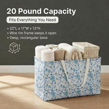 Household Essentials 2244 Krush Canvas Utility Tote | Reusable Grocery Shopping Laundry Carry Bag | White With Floral Design, 22" L X 11" W X 13" H