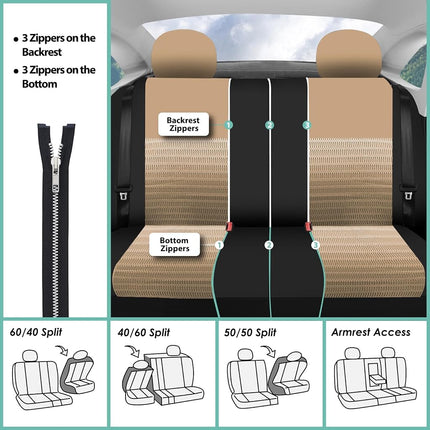 FH GROUP Car Seat Covers Trendy Elegance Three Row Car Seat Covers Set, Airbag Compatible and Split Ready, 8 Headrest Covers-Universal Fit for Cars, Trucks & SUVs (Beige/Black)