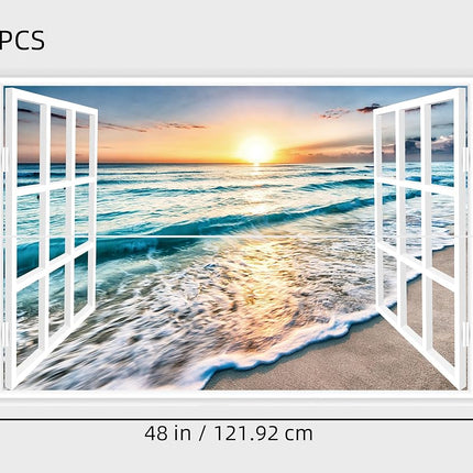 FLFK Fake Window Wall Sticker - Sunset Beach Faux Window Wall Mural for Wall Decor, Stick and Peel Wall Decals, 48"x32", Set of 2 Sheets