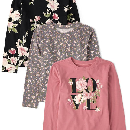 The Children's Place Girls' Long Sleeve Knit Fashion Shirt, Love/Floral/Gray 3-Pack, Small