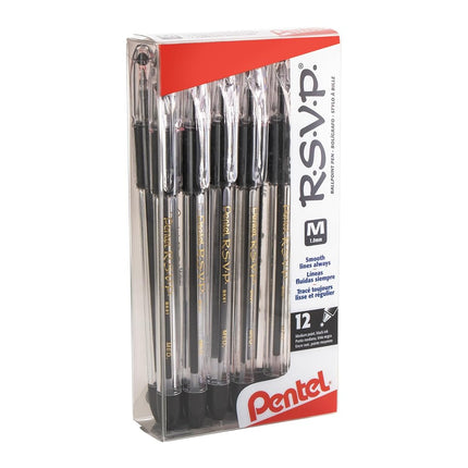 R.S.V.P. Pentel Ballpoint Pen, Medium, Black Ink, Pack of 12)