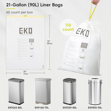 EKO Easy-Dispense Roll of 60 Count Extra-Strong Drawstring Kitchen Trash Bags - 21 Gallon Garbage Bags (79.5L) 1 Pack, Code G