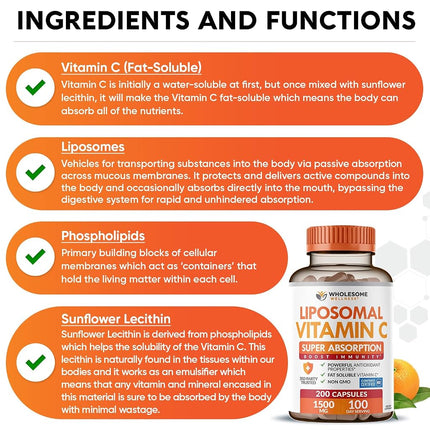 Liposomal Vitamin C - 200 Capsules 1500mg - Natural High Absorption Ascorbic Acid - Supports Immune System and Collagen Booster - Powerful Antioxidant High Dose Fat Soluble Supplement - Lypo Spheric