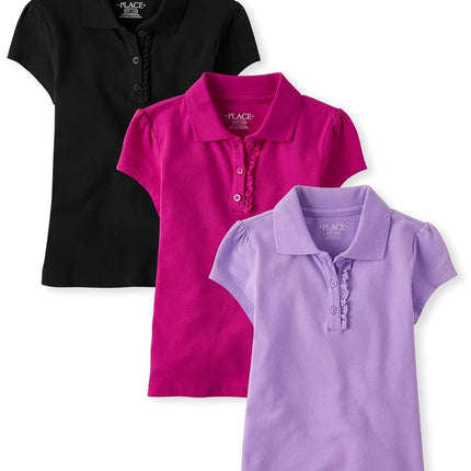 The Children's Place Girls' Multipack Short Sleeve Ruffle Pique Polos, Black/Aurora Pink/Purple 3-Pack, Medium