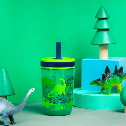Zak Designs Kelso 15 oz Tumbler Set, (Dino Camo) Non-BPA Leak-Proof Screw-On Lid with Straw Made of Durable Plastic and Silicone, Perfect Toddler Cup Bundle for Kids (2pc Set)