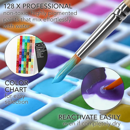 CHROMATEK Watercolour Paint Set – 128 Colours for Kids & Adults with Metallic, Pastel & Fluorescent Paints – Professional Art Supplies Kit with Brushes, Paper Pad, Swatches & Carry Case – Non-Toxic & Travel Ready