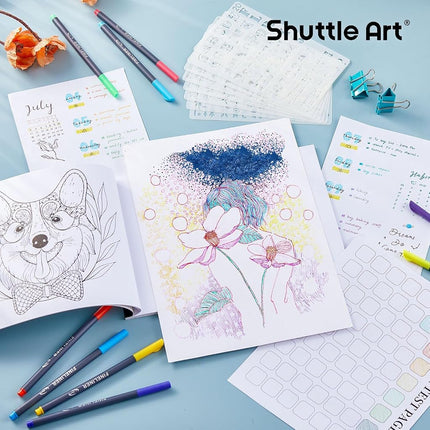 Shuttle Art 100 Fineliners, 0.4 mm Fine Tip Fiber Pen Set with 100 Colours, 8 Templates, 2 Adult Colouring Books, Ideal for Bullet Journal