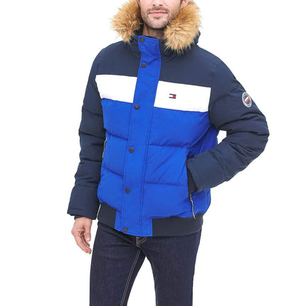 Tommy Hilfiger Men's Arctic Cloth Quilted Snorkel Bomber Jacket Parka, Navy/White/Royal, XXL