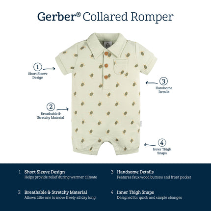 Gerber Baby Boys Cotton Polo Romper, Turtle, 12 Months