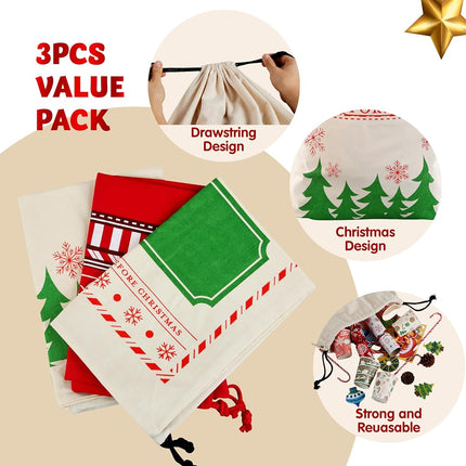 JOYIN 3 PCS Christmas Large Canvas Gift Bag 26" x 19", Drawstring Santa Burlap Sack Reusable Personalized Cloth Pouch for Xmas Presents Package, Party Supplies, Hoilday Decoration, Green&White&Red