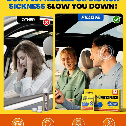 FILLOVE 52ct Motion Sickness Patches Non-Drowsy, 72H Lasting Sea Sickness Patches Cruise Essentials 2025, 100% Natural Motion Sickness Patch Travel Essentials for Car Airplane Ship Altitude Sickness