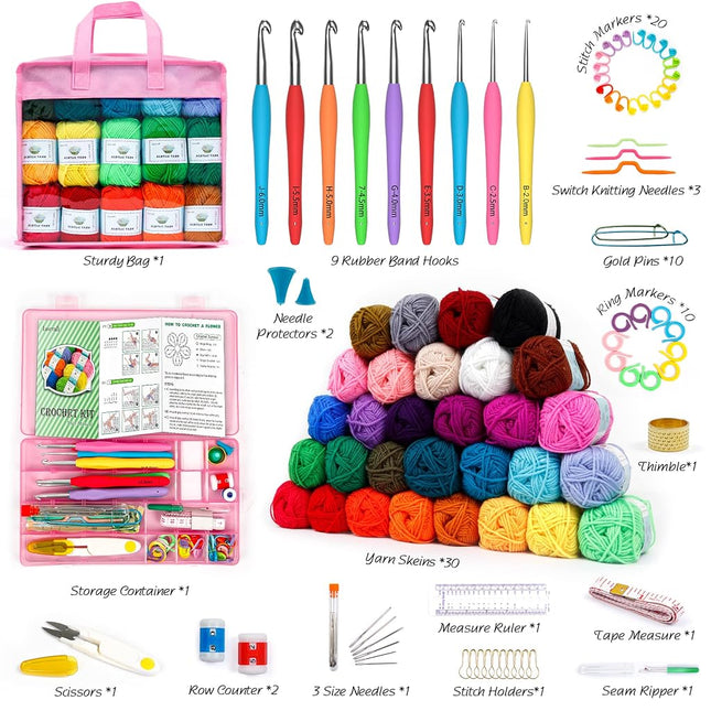 Crochet Yarn Kit for Beginners Adults and Kids, Includes 1650 Yards 30 Colors Acrylic Skeins, User Manual, Hooks, Pink Bag etc, Make Amigurumi & Crocheting Projects, Starter Set for Professionals