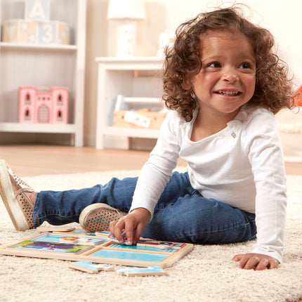 MELARQT Melissa & Doug Jouet en bois en bois naturel : À vos marques, prêts, partez (Quatre puzzles de véhicules de 4 pièces)
