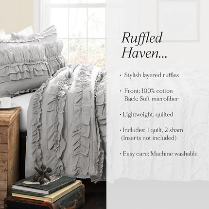 Lush Decor Lush Décor Belle 3 Piece Ruffled Light Gray-Full/Queen Quilt Set, Cotton