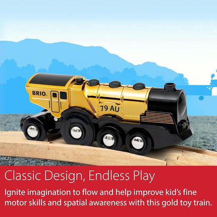 BRIO World Mighty Gold Action Locomotive Battery Powered Toy Train for Kids Age 3 Years Up - Wooden Railway Set Add On Accessories