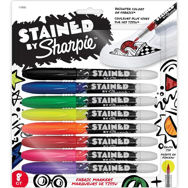 Stained by Sharpie Brush Tip Fabric Markers, 8 Col