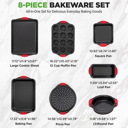 NutriChef Bakeware Set, 8 Piece Nonstick Stackable Baking Pans, Durable, Carbon Steel, Easy to Clean Bakeware, PFOA, PFOS, PTFE Free Coating, Great for Cookies, Cakes, Roasting and More