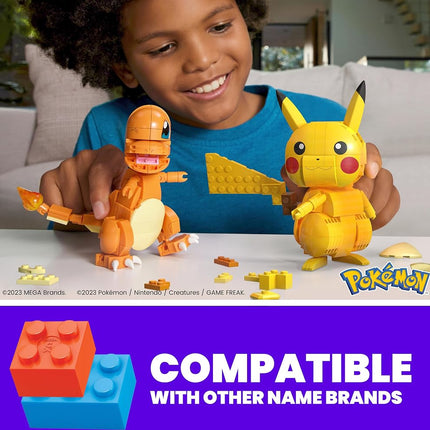 MEGA Figurine articulée Pokémon, jouet de construction pour enfants, trio de la région de Kanto avec 529 pièces, Pikachu, Salamèche, Miaouss à construire et à positionner