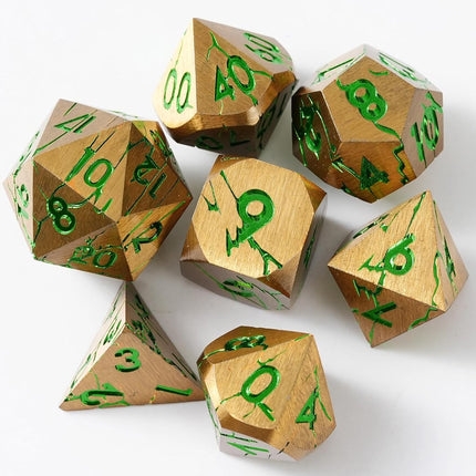 Metal Dice for DND - Ancient Cracked Pharaoh Ruins - Gold Green Cracks