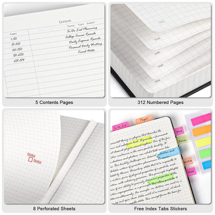 Graph Paper Notebook, 312 Numbered Pages Large A4 Hardcover Leather Journal, 100gsm No Bleed Grid Paper Notebook with Index Pages, Squared Grid Notebook for Graphing Notes Math, 8.5'' × 11'', Grey