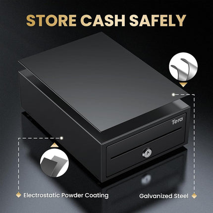 Tera 8.2" Compact Cash Register Drawer for Point of Sale (POS) System with 4 Bill 6 Coin Cash Tray, Removable Coin Compartment, 24V, RJ12 Key-Lock, Media Slot, Auto Open, for Small Businesses, 208