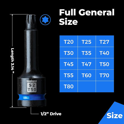 toolant Torx T70 Impact Bit Socket Set 2pcs,1/2" S2 Steel Air Drive Star Sockets, Long High Impact Bits,Professional Mechanic & Automotive Repair Socket Set