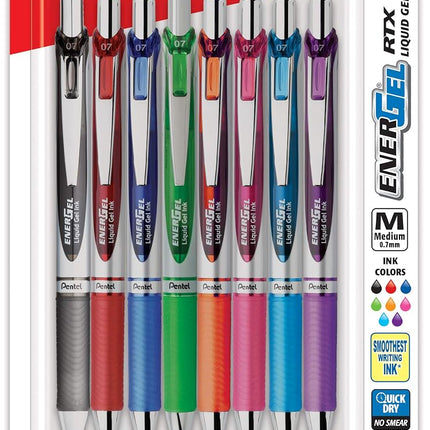 Pentel EnerGel RTX Retractable Liquid Gel Pen, (0.7mm) Metal Tip, Medium Line,Assorted Ink, 8-Pk (BL77BP8M1)