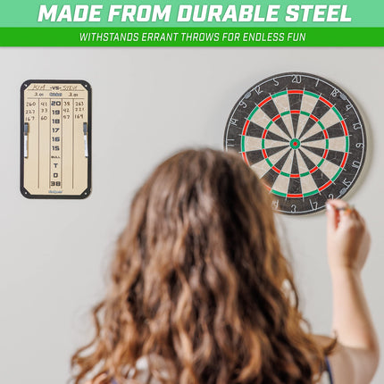 GoSports Dry Erase Steel Darts Scoreboard - Cricket and 01 Dart Games with 2 Magnetic Markers