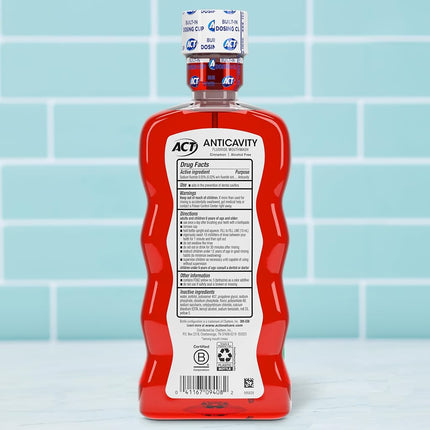 ACT Anticavity Zero Alcohol Fluoride Mouthwash 18 fl. oz., With Accurate Dosing Cup, Cinnamon