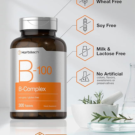 Vitamin B-100 Complex | 300 Tablets | Vegetarian, Non-GMO, and Gluten Free Supplement | by Horbaach