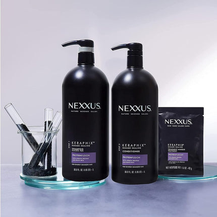 Nexxus Keraphix Shampoo and Conditioner - Damaged Hair Treatment System with Keratin Protein and Black Rice, 2 Count & 3 Repair Masks Treatment, 33.8 oz, 1.5 oz, 3 Count, 5 Count (Pack of 1)