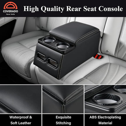 Coverado Car Center Console, Consolas universales para asientos traseros, Organizador y almacenamiento de asientos de camión, Organizador de coche para asientos traseros con portavasos, Caja de reposabrazos central (Regular, Negro)
