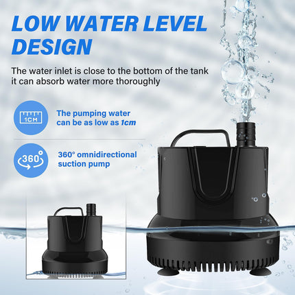 Simple Deluxe 660GPH 45W Bottom Suction Water Table Pump (2500L/H) with 3 Nozzles for Fish Tank, Pond, Aquarium, Hydroponics, Fountains, Black