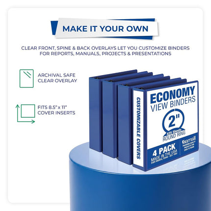 Samsill 2 Inch 3 Ring Binders, Made in USA, Economy Round Ring, Clear View Cover, 425 Sheet Capacity - for School, Home, Office - Blue, 4 Pack