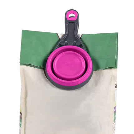 Dexas Pets Collapsible KlipScoop Collapsible Dry Dog Food Scoop and Dog Food Bag Clip, 1 Cup Capacity, Fuchsia