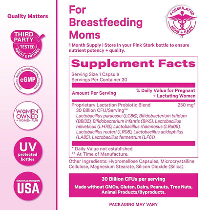 Pink Stork Total Lactation Probiotic: Nursing Probiotic for Women + 10 Billion CFU for Immune Health + Digestion + Gut Health + Breastfeeding + Colic Relief for Newborns, Women-Owned, 30 Capsules