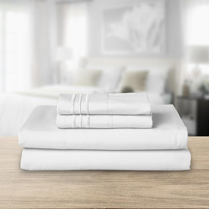 Elegant Comfort Luxurious 1500 Premium Hotel Quality Microfiber Three Line Embroidered Softest 4-Piece Bed Sheet Set, Wrinkle and Fade Resistant, Full, White