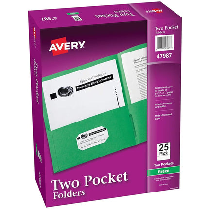 Avery Two Pocket Folders, Holds up to 40 Sheets, Business Card Slot, 25 Green Folders (47987)