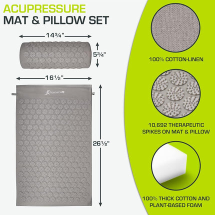 ProsourceFit Acupressure Mat and Pillow Set for Back/Neck Pain Relief and Muscle Relaxation, Large - Gray/Gray