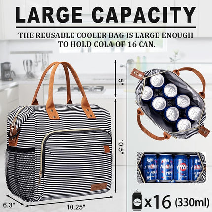 Insulated Lunch Bag - Large Portable Cooler Lunch Box for Office Work School Picnic Beach Workout - Reusable Freezable Tote Lunch Bag Organizer with Adjustable Shoulder Strap for Women Men Adult