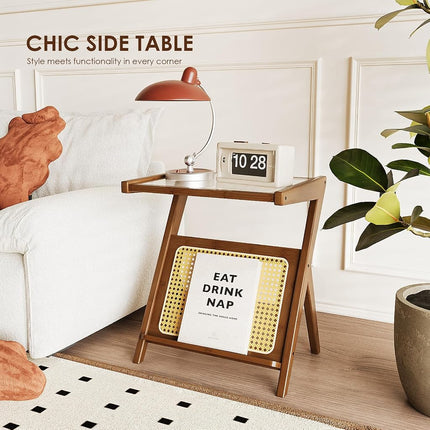 Bamworld Rattan Side Table Boho NightStand Mid Century Modern End Table Glass Bedside Table Small End Tables Bamboo Coffee Table with Storage Record Player Stand for Living Room Bedroom