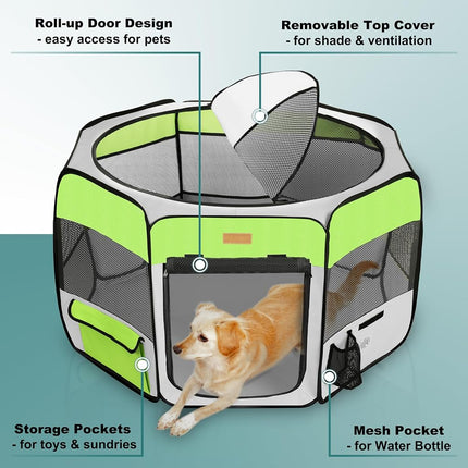 Akinerri Dog Playpen, Foldable Puppy Pet Exercise Kennel with Removable Mesh Shade Cover, Portable Pet Playpen for Pet’s Indoor or Outdoor Training