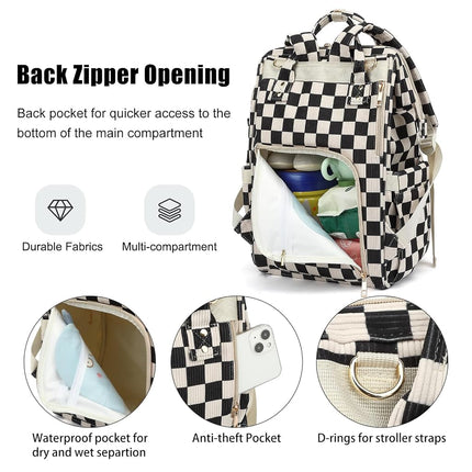 Dezcrab Baby Diaper Bag Backpack for Mom, Large Capacity Travel Nappy Bag for Boys & Girls with Stroller Straps, Corduroy Checkered Black